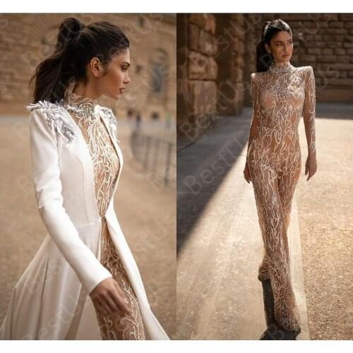 Illusion Prom Dresses High Collar Lace Applique Elegant Formal Dress With Jacket Long Sleeve Beaded Jumpsuits robes de soirée