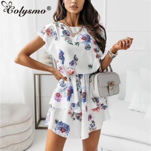 Colysmo Floral Print Dress Ruffles Sleeveless Crewneck High Waist A Line Mini Dresses robe femme Summer Dress for Women 2021