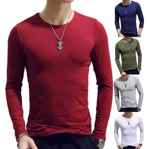 Casual Men Solid Color O Neck Long Sleeve Slim T-shirt Sports Bottoming Top Solid Color Sliming and Fit Plus Size Men Clothings