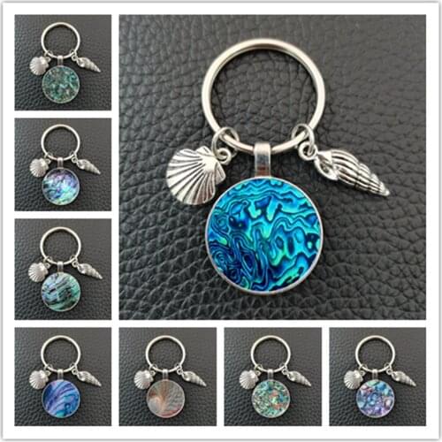 Variety of round glass shell abalone pattern cabochon keychain, charming conch round keychain