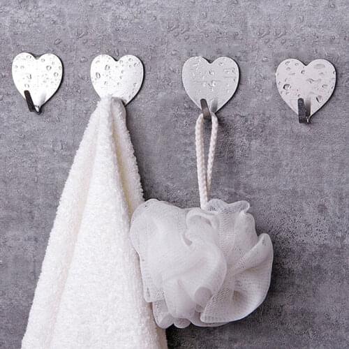 Self Adhesive Hooks Punch Free Silver Love Stainless Steel Strong Sticky Wall Door Hang Kithcen Bathroom Storage Organizer Hooks