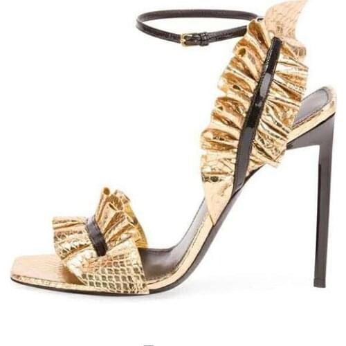 Moraima Snc Newest Open Toe High Heel Sandals Gold Leather Ruffles Decorations Thin Heels Dress heels Ankle Strap Sandals