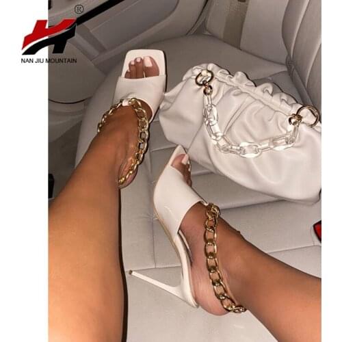 NAN JIU MOUNTAIN 2021 Womens Shoes High Heel Sandals Chain Square Head Solid Color Open Toe Outdoor Shoes Plus Size 42