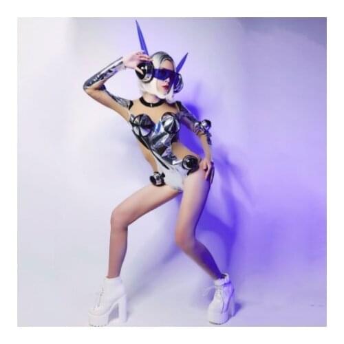 Silver Sexy bodusuit Jazz Dance Costume Stage Show Outfits Nightclub Bar Singer Gogo Dancer Performance wear
