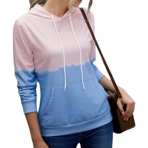 New Women Casual Hoodie Thin Pullover Contrast Color Print Large Pocket Autumn Winter Long Sleeve Drawstring Sweatshirt Tops