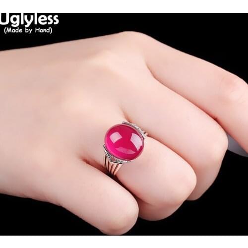 Uglyless Beautiful HOT PINK Corundum Gemstones Rings for Women Luxury Evening Dress Jewelry Real 925 Silver Open Rings Hollow