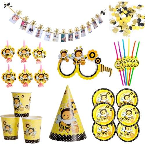 Cartoon Bumble Bee Theme Party Decor Disposable Tableware Paper Plate Hat Cup Flag Banner for Kids Birthday Party Decoration Sup