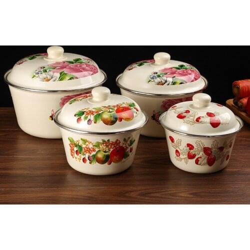 Vintage Enamel Fruit Bowl Thickened Large Capacity Retro Dessert Dish with Cover Soup Pot Kitchen Refrigerator Food Container