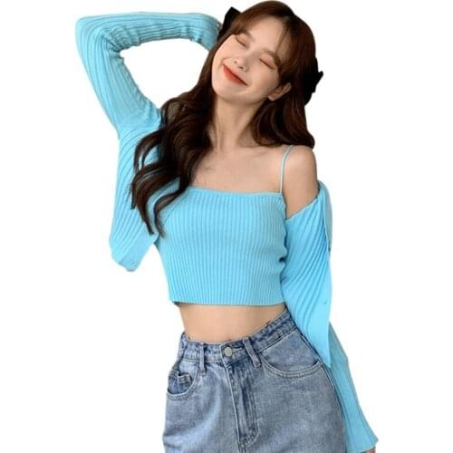 Womens t-Shirts Solid Color Tshirt Slim-Fit Camisole + v-Neck Knitted Cardigan Jacket Suit One Size Tshirts Tops