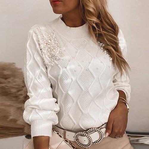 Women Long Sleeve Cute Knitted Pullovers Warm Sweaters Autumn Winter Sweater O-Neck Clothing Beaded Decor White Elegant Jumper