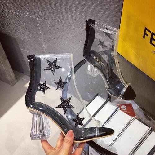 2020 Spring Fashion Transparent Ladies Boots Open Toe Bling Rhinestone Star Design Back Zipper Ankle Boots Clear High Heel Bota