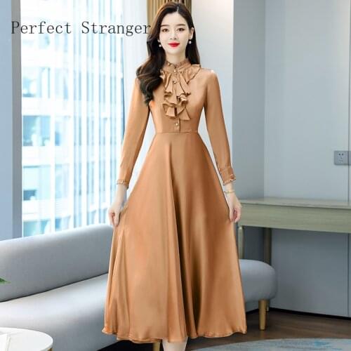 2021 Spring Autumn New Arrival Hot Sale Stand Collar Ruffles Long Sleeve Women Long Satin Dress Plus Size M-3XL