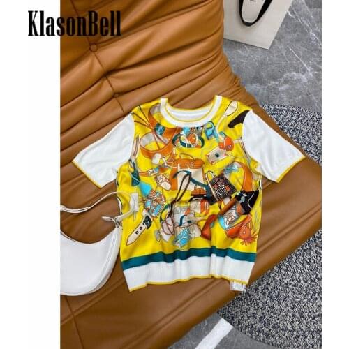 6.5 KlasonBell Silk T-Shirt Women Patchwork Knitted Print Temperament Fashion Tee