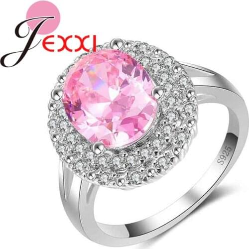 Elegant Round Pink Crystal Silver Rings With Cubic Zirconia Fashion Mothers Day Gift Women Bridal Wedding Bands Ring