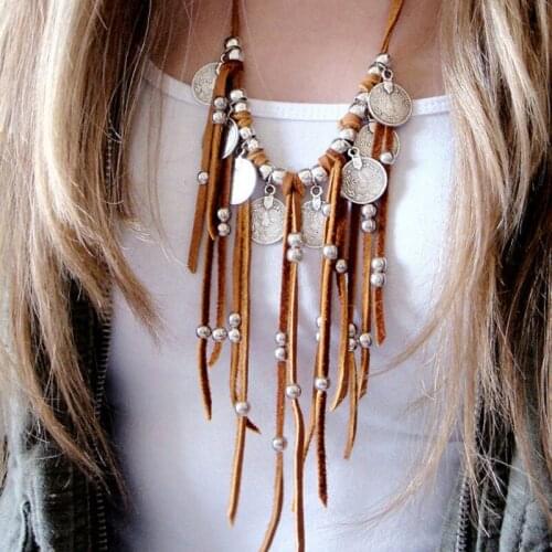 Leather Fringe Statement Necklace Coin Charms Jewelry Afghan Kuchi Tribal Boho Navajo Leather coin