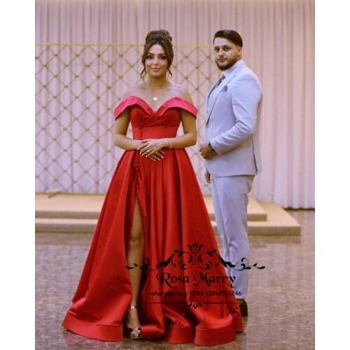 Red Off Shoulder Long Prom Dresses A Line High Slit Simple Satin Cheap Girls Christmas Formal Engagement Evening Party Gowns