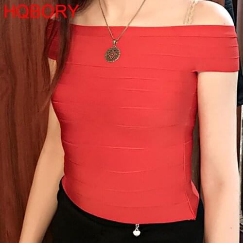 Red blue slash neck sexy womens hl elastic knitted new fashion 2018 bandage top