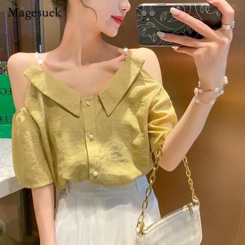 Summer 2021 Chic Women Off Shoulder Shirt Slash Neck Ruffle Short Sleeve Tops for Women Temperament Thin Sexy Shirt Blusa 14743