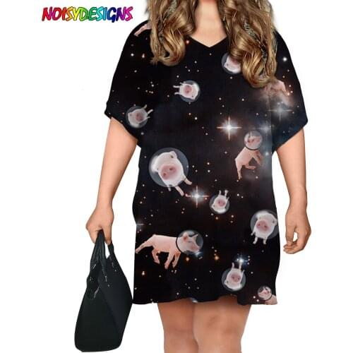 NOISYDESIGNS Womens Summer Plus Size Short Sleeves T-Shirt Dress Piggies in Space Printing Crew Neck Casual Loose Pullover Tops