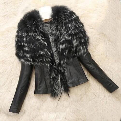 Autumn Slim Faux Raccoon Fur PU Leather Jacket Women Crop Leather Jacket Plus Size Winter Clothes Woman Autumn Coats and Jackets