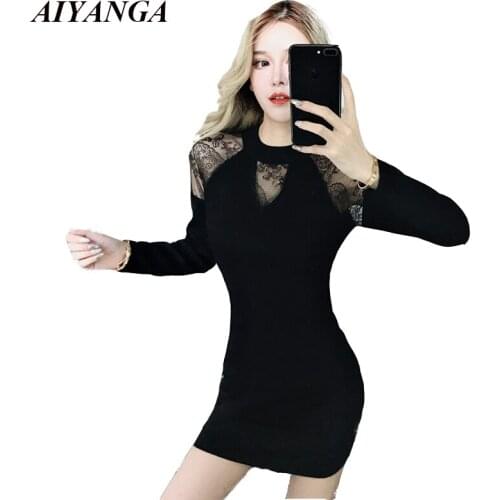 2018 Autumn Winter Knitted Dress Women Patchwork Mesh Dress Ladies Slim Elasticity Knitting Mini Dresses Sexy package Hip Black