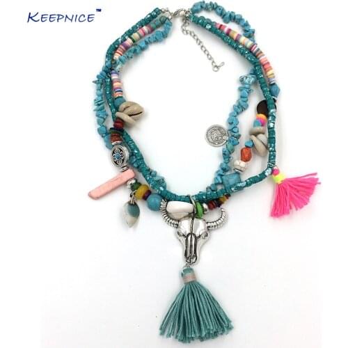 New Bohemia tauren pendant stone beaded chain Necklaces cotton tassel choker necklace Multi Layer statement Necklaces
