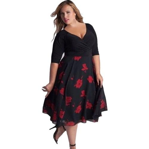 Women Plus Size Sexy Fashion Women Floral Print Mid Dress Elastic Waist Short Sleeve Vintage Brand Vestidos Elegant Holiday