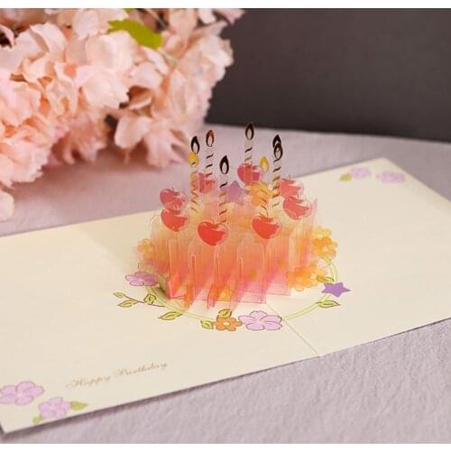 3D Pop-Up Birthday Cake Greeting Card Postcards Invitations with Envelope for Girl Kids Wife Husband Party Gift