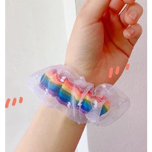 1 Pcs Women Girls Elastic Kawaii Lace Hair Bands Tie Girls Mesh Scrunchie Ponytail Transparent Rainbow Hair Accessories Headwear