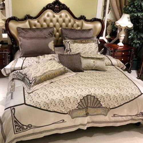 Luxury gray plaid Embroidered Egyptian cotton Royal Bedding sets Queen King Western Bed sheet Pillowcases 4/6pcs