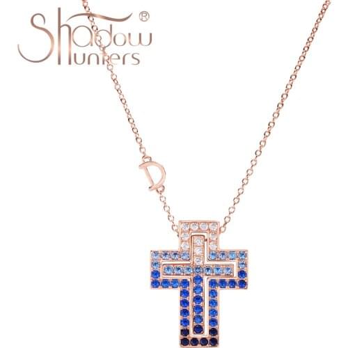 SHADOWHUNTERS Real 925 Sterling Silver Large Crosses Necklace Gradient Blue D Chain Trendy Jewelry Cross Pendant For Girl Japan