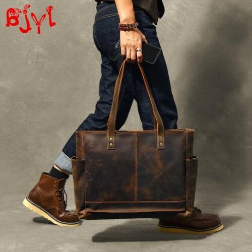 Mens Tote Bag Retro Cowhide Men Handbags Lading Shoulder Bag Horizontal Section Tote Bags Original Imported Crazy Horse Leather