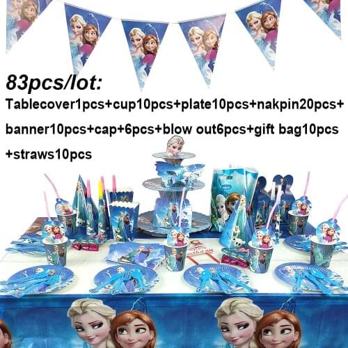 Disney Theme 83pcs Suitable for 10 people Cartoon Party FrozenMickey Tableware Set Kids Birthday Party Supplies Decorations