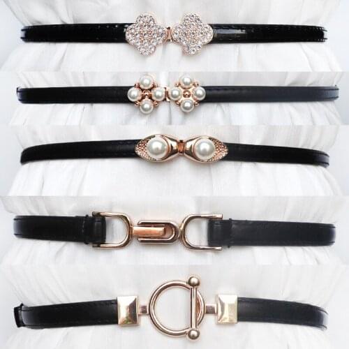 Thin Sweat Slim Belt for Dress Women Pearl Rhinestone Fashion Horse Bit Buckle Skinny Type Trendy Casual Ladies Belt