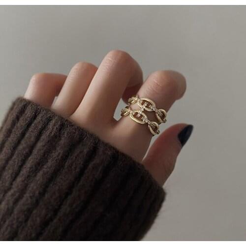 VSnow Shiny Double Layer Chunky Chain Metal Ring for Women Femme Exquisite Rhinestones Open Adjustable Index Finger Ring Jewelry