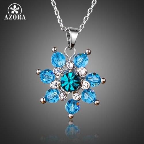 AZORA Fashion Jewelry With Blue Stellux Austrian Crystal Flower Pendant Necklace For Women TN0167