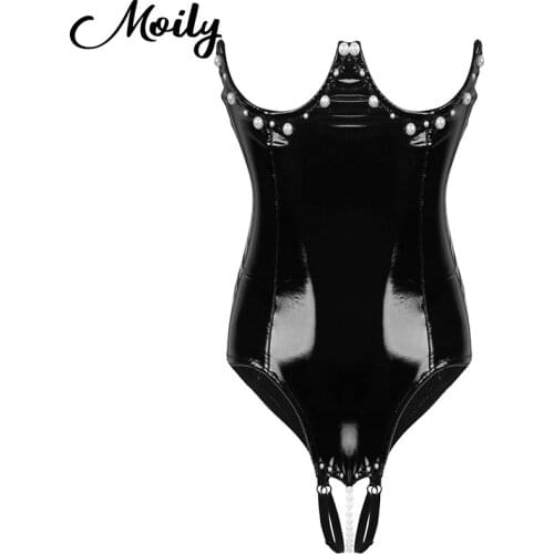 Womens Sexy Lingerie Bodysuit Open Crotch Wetlook Leather Bodysuit Catsuit High Cut Crotchless Sissy Latex Catsuit Clubwear