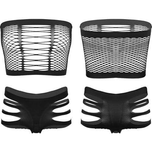 Ladies Sexy Lingerie Sets Breast Hollow Out Womens Evening Clubwear Sleeveless Fishnet Crop Top with Briefs Panties Underwear