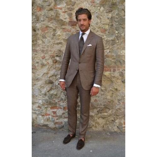 2017 Latest Coat Pant Designs Brown Linen Tuxedo Beach Men Suit Slim Fit 2 Piece Custom Suits Groom Prom Blazers Terno Masuclino