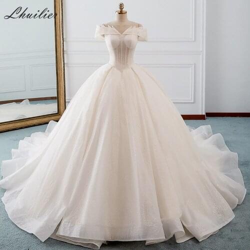 Lhuilier Ball Gown Shiny Tulle Wedding Dresses 2020 Off the Shoulder Champagne Bridal Dress Cathedral Train Wedding Gown