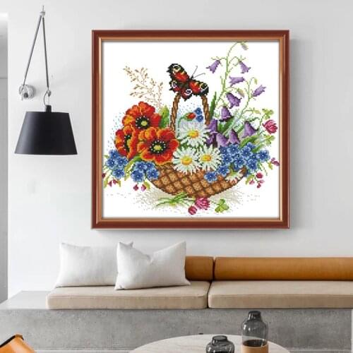 Flower basket Flower Cross Stitch Kit Home Decore 14CT Canvas DMC Embroidery Needlework Housewarming gifts Cross-stitch set