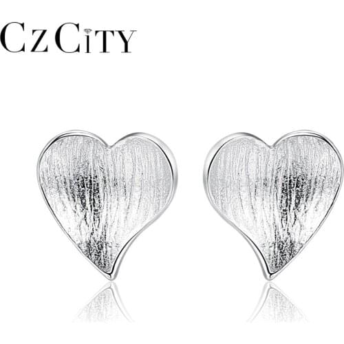 CZCITY Korean Cute 925 Sterling Silver Heart Boho Brushed Stud Earrings for Women Simple Daily Wear Earrings Silver 925 Jewelry