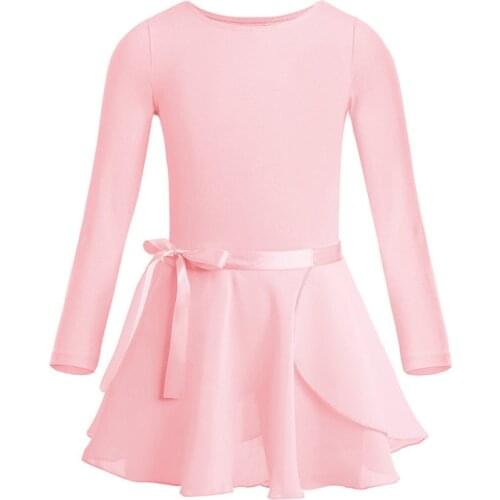 TiaoBug Kids Teens Long Sleeve Ballet Tutu Dress Ballerina Dance Leotard Chiffon Tied Ballet Skirt Set Girls Gymnastics Leotard