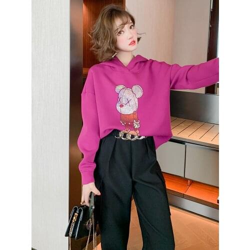 Hot drill cartoon animal pattern drop shoulder sleeve loose hooded sweater womens wear 2021 Spring new High Quality Top Quality