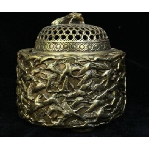 Marked Chinese Fengshui Bronze Brass 1000 Crane Tortoise Incense Burner Censer