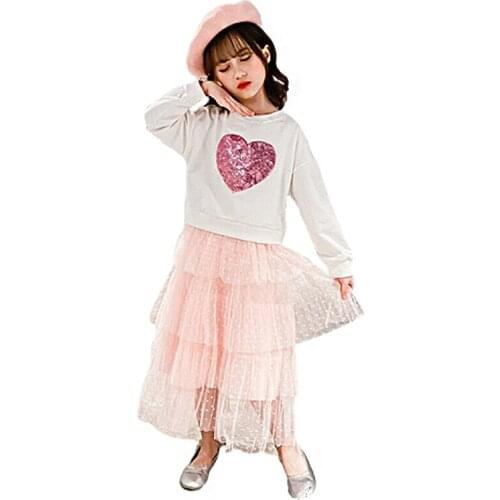 New Girls Clothes Sets Autumn Print Love Girl Hoodie + Tulle Skirt 2pcs Suits Kids Princess Dress Children Clothing Set 3-12Yrs