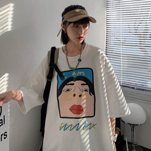Summer Black T-Shirt Womens Loose Cute Print Short-Sleeved Mid-Length All-Match Bottoming Shirt Top