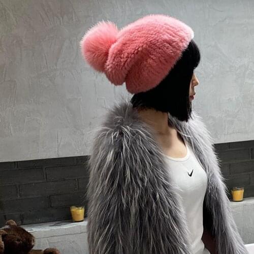 Fashion Woman Real Mink Hat Winter Warm Mink Wool Knitted Hat Ladies Fox Fur Ball Hat 100% Natural Mink Fur Hats Womens Beanie
