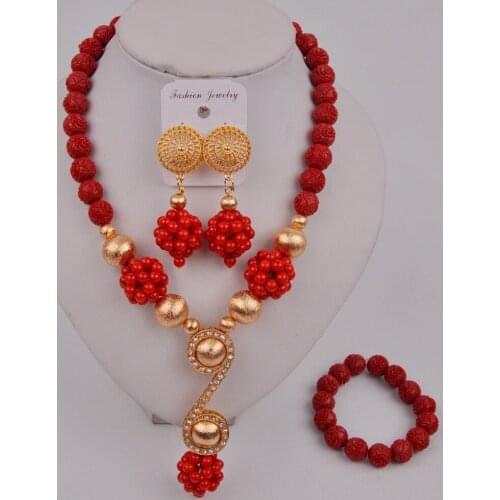 Fashion Red Coral Necklace Nigerian Wedding African Beads Jewelry Set 12-I-01