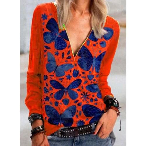 New Fashion Butterfly Print Women T-Shirts Long Sleeve Spring Tops Sexy Zippers V-Neck Casual Tee Lady 3D Print T-Shirt Plus 5XL